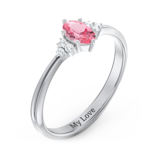Solitaire Oval with Triple Accents Ring – Sterling Silver with Pink Tourmaline and White Premium Zirconia