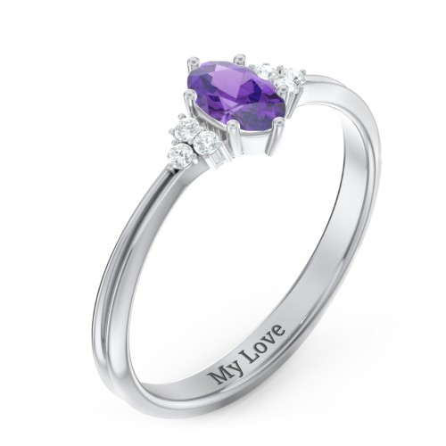 Solitaire Oval with Triple Accents Ring – Sterling Silver with Amethyst and White Premium Zirconia