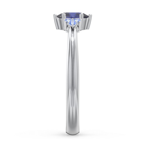 Solitaire Oval with Triple Accents Ring – Sterling Silver with Blue Sapphire and Fancy Blue Premium Zirconia