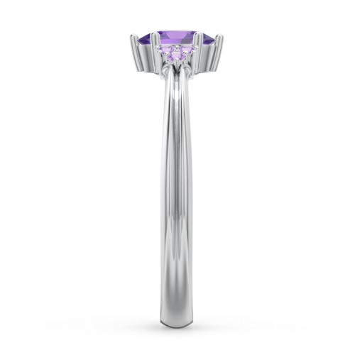 Solitaire Oval with Triple Accents Ring – Sterling Silver with Amethyst and Amethyst Premium Zirconia