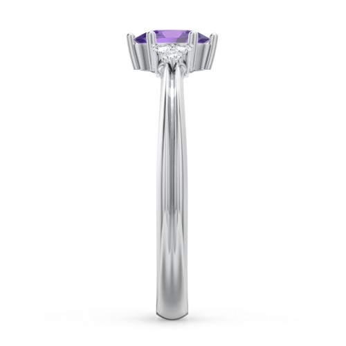 Solitaire Oval with Triple Accents Ring – Sterling Silver with Amethyst and White Premium Zirconia
