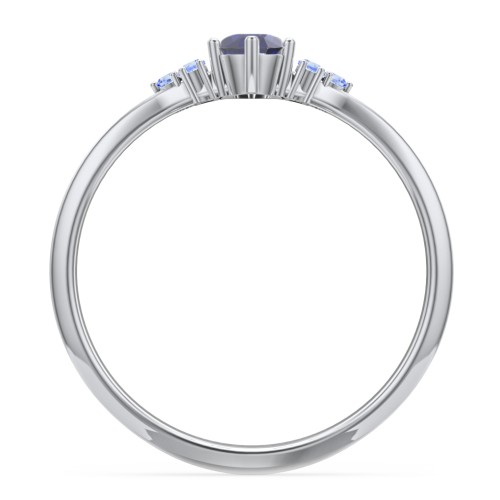 Solitaire Oval with Triple Accents Ring – Sterling Silver with Blue Sapphire and Fancy Blue Premium Zirconia