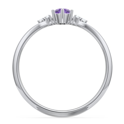 Solitaire Oval with Triple Accents Ring – Sterling Silver with Amethyst and White Premium Zirconia