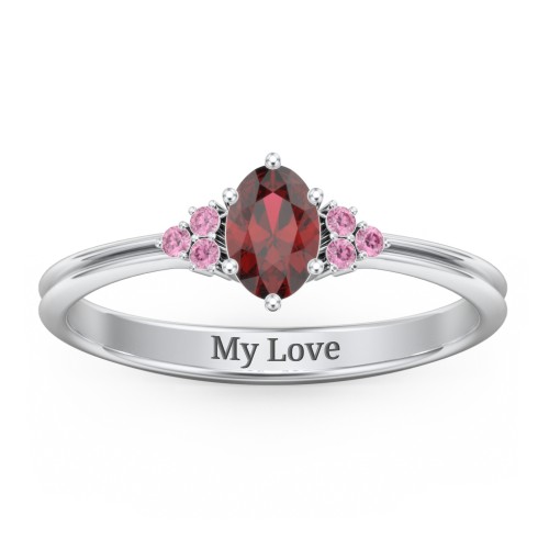 Solitaire Oval with Triple Accents Ring – Sterling Silver with Garnet and Red Premium Zirconia