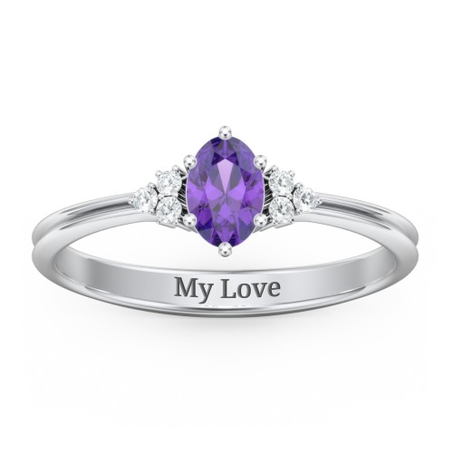 Solitaire Oval with Triple Accents Ring – Sterling Silver with Amethyst and White Premium Zirconia