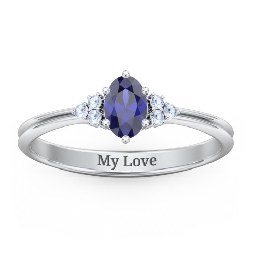 Solitaire Oval with Triple Accents Ring – Sterling Silver with Blue Sapphire and Fancy Blue Premium Zirconia