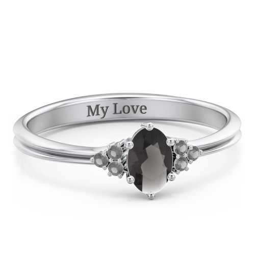 Solitaire Oval with Triple Accents Ring – Sterling Silver with Smokey Quartz and Black Premium Zirconia