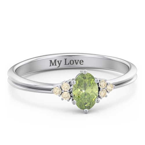 Solitaire Oval with Triple Accents Ring – Sterling Silver with Peridot and Fancy Yellow Premium Zirconia