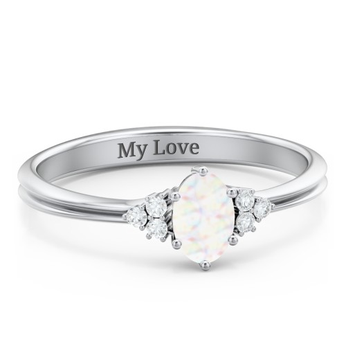 Solitaire Oval with Triple Accents Ring – Sterling Silver with Opal and White Premium Zirconia