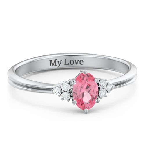 Solitaire Oval with Triple Accents Ring – Sterling Silver with Pink Tourmaline and White Premium Zirconia
