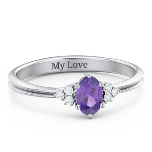 Solitaire Oval with Triple Accents Ring – Sterling Silver with Amethyst and White Premium Zirconia