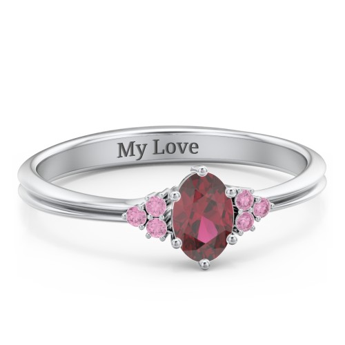 Solitaire Oval with Triple Accents Ring – Sterling Silver with Ruby and Red Premium Zirconia