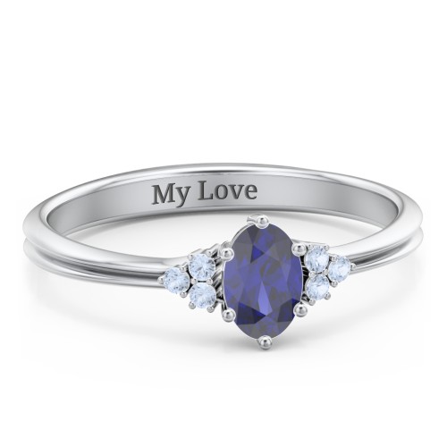 Solitaire Oval with Triple Accents Ring – Sterling Silver with Blue Sapphire and Fancy Blue Premium Zirconia