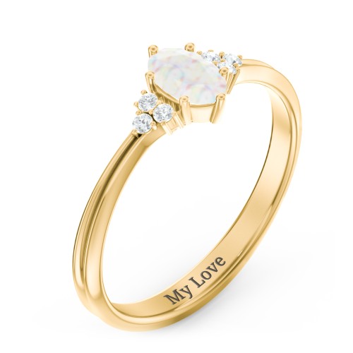 Solitaire Oval with Triple Accents Ring – 10K Yellow Gold with Opal and White Premium Zirconia