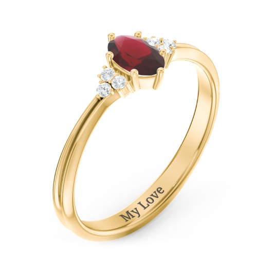 Solitaire Oval with Triple Accents Ring – 10K Yellow Gold with Garnet and White Premium Zirconia