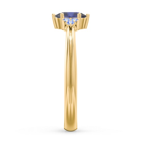 Solitaire Oval with Triple Accents Ring – 10K Yellow Gold with Blue Sapphire and Fancy Blue Premium Zirconia
