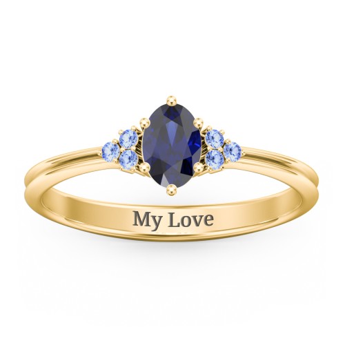 Solitaire Oval with Triple Accents Ring – 10K Yellow Gold with Blue Sapphire and Fancy Blue Premium Zirconia