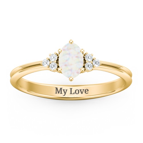 Solitaire Oval with Triple Accents Ring – 10K Yellow Gold with Opal and White Premium Zirconia