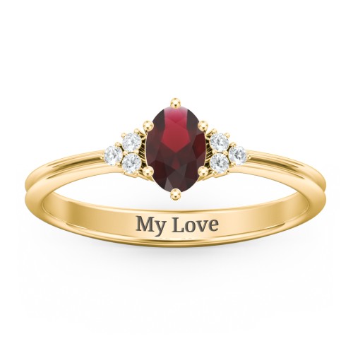 Solitaire Oval with Triple Accents Ring – 10K Yellow Gold with Garnet and White Premium Zirconia