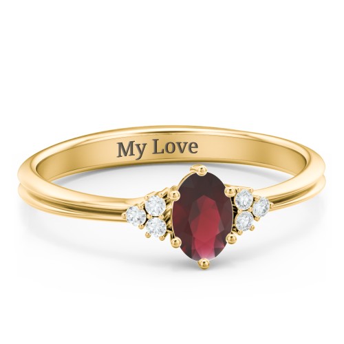 Solitaire Oval with Triple Accents Ring – 10K Yellow Gold with Garnet and White Premium Zirconia