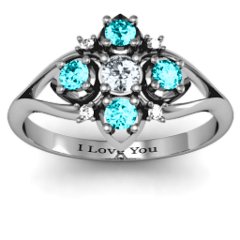 Round Stone "Beehive" Bloom Ring with Acccents – Sterling Silver with Cubic Zirconia, Mint Premium Zirconia, and White Premium Zirconia
