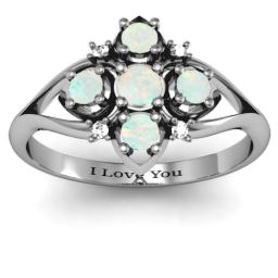 Round Stone "Beehive" Bloom Ring with Acccents in 925 Sterling Silver with Opal and White Premium Zirconia