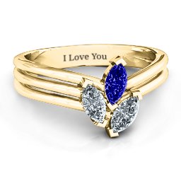 Triple Marquise Collage Ring in 10K Solid Yellow Gold with Blue Sapphire and Cubic Zirconia