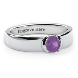 Half Bezel Set Round Stone Ring with Wide Band in 925 Sterling Silver with Amethyst