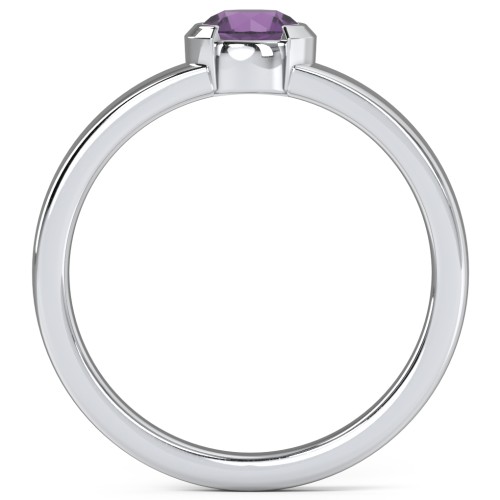 Half Bezel Set Round Stone Ring with Wide Band – Sterling Silver with Amethyst