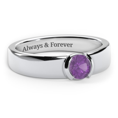 Half Bezel Set Round Stone Ring with Wide Band – Sterling Silver with Amethyst