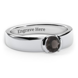 Half Bezel Set Round Stone Ring with Wide Band in 925 Sterling Silver with Smokey Quartz