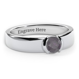 Half Bezel Set Round Stone Ring with Wide Band in 925 Sterling Silver with Alexandrite