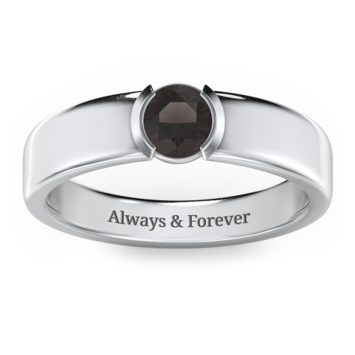 Half Bezel Set Round Stone Ring with Wide Band – Sterling Silver with Smokey Quartz