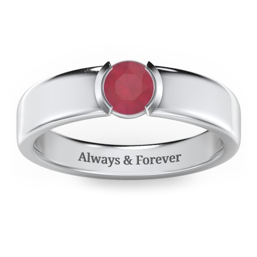 Half Bezel Set Round Stone Ring with Wide Band – Sterling Silver with Ruby