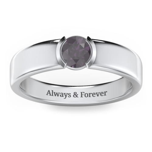 Half Bezel Set Round Stone Ring with Wide Band – Sterling Silver with Alexandrite