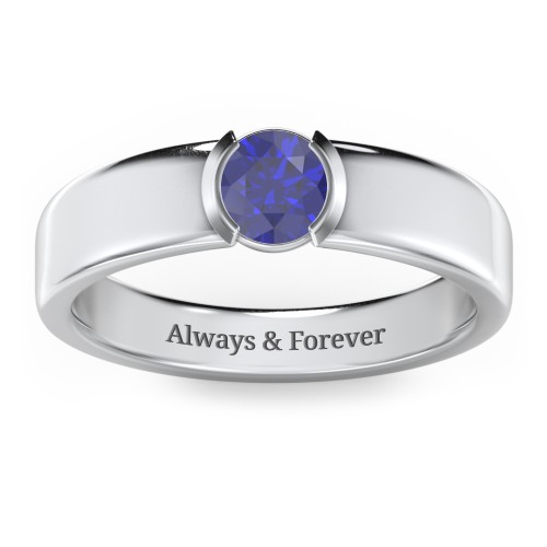 Half Bezel Set Round Stone Ring with Wide Band – Sterling Silver with Blue Sapphire