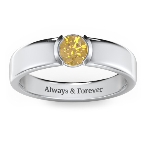 Half Bezel Set Round Stone Ring with Wide Band – Sterling Silver with Citrine