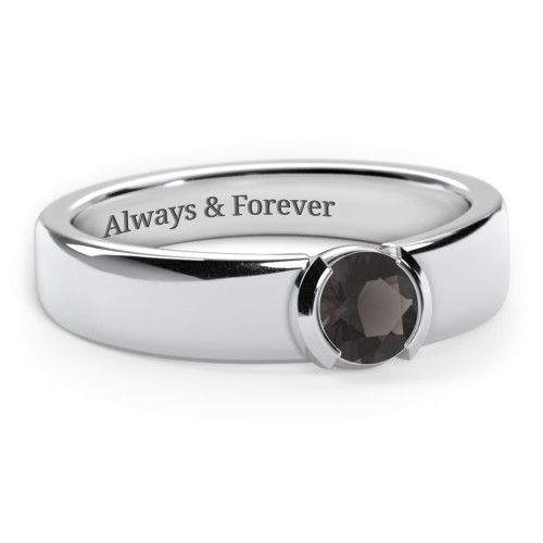 Half Bezel Set Round Stone Ring with Wide Band – Sterling Silver with Smokey Quartz
