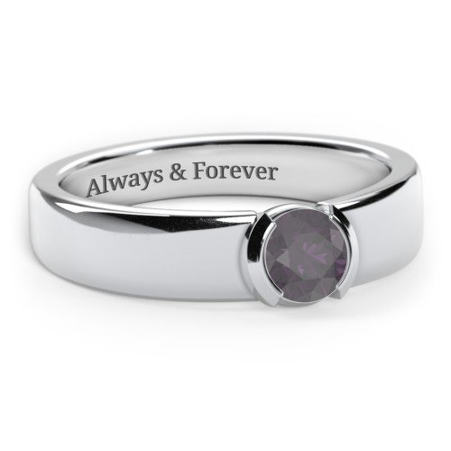 Half Bezel Set Round Stone Ring with Wide Band – Sterling Silver with Alexandrite