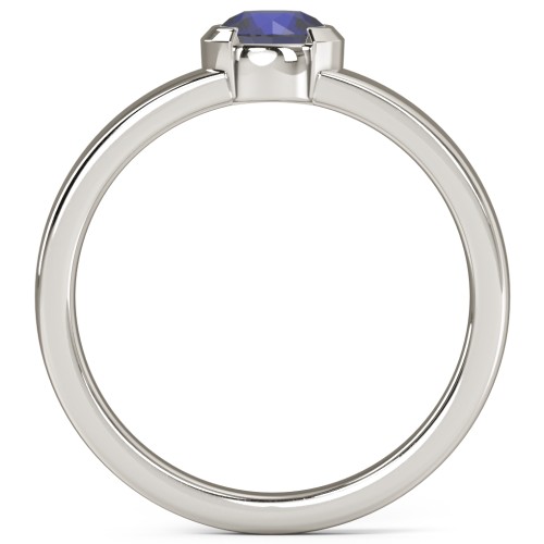 Half Bezel Set Round Stone Ring with Wide Band – 10K White Gold with Blue Sapphire