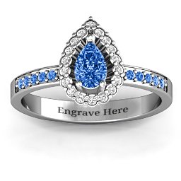 Pear Shaped Halo Ring in 10K Solid White Gold with Fancy Blue Premium Zirconia and White Premium Zirconia