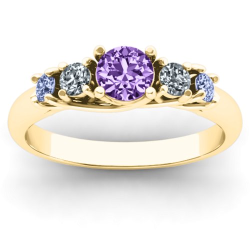 5-Stone Graduated Ring – 10K Yellow Gold with Amethyst, Cubic Zirconia, and Lavender Premium Zirconia
