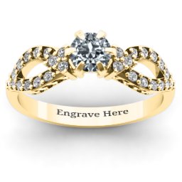 Fancy Split Shank Solitaire Accent Ring in 10K Solid Yellow Gold with Cubic Zirconia and White Premium Zirconia