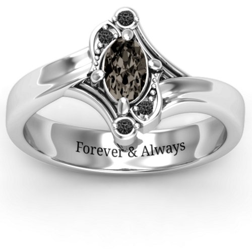 Fancy Oval Asymmetrical Ring – Sterling Silver with Smokey Quartz and Black Premium Zirconia
