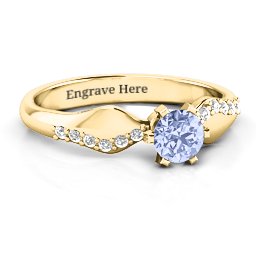 Dimpled Solitaire with Accents Ring in 14K Solid Yellow Gold with Lavender Premium Zirconia and White Premium Zirconia