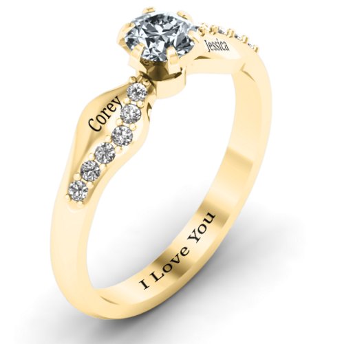 Dimpled Solitaire with Accents Ring – 10K Yellow Gold with Cubic Zirconia and White Premium Zirconia