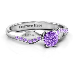 Dimpled Solitaire with Accents Ring in 925 Sterling Silver with Amethyst and Amethyst Premium Zirconia