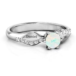 Dimpled Solitaire with Accents Ring in 925 Sterling Silver with Opal and White Premium Zirconia