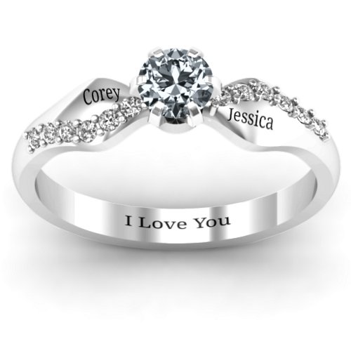 Dimpled Solitaire with Accents Ring – Sterling Silver with Cubic Zirconia and White Premium Zirconia