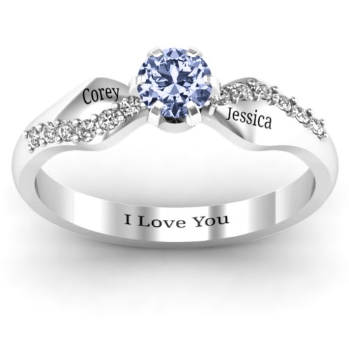 Dimpled Solitaire with Accents Ring – Sterling Silver with Lavender Premium Zirconia and White Premium Zirconia